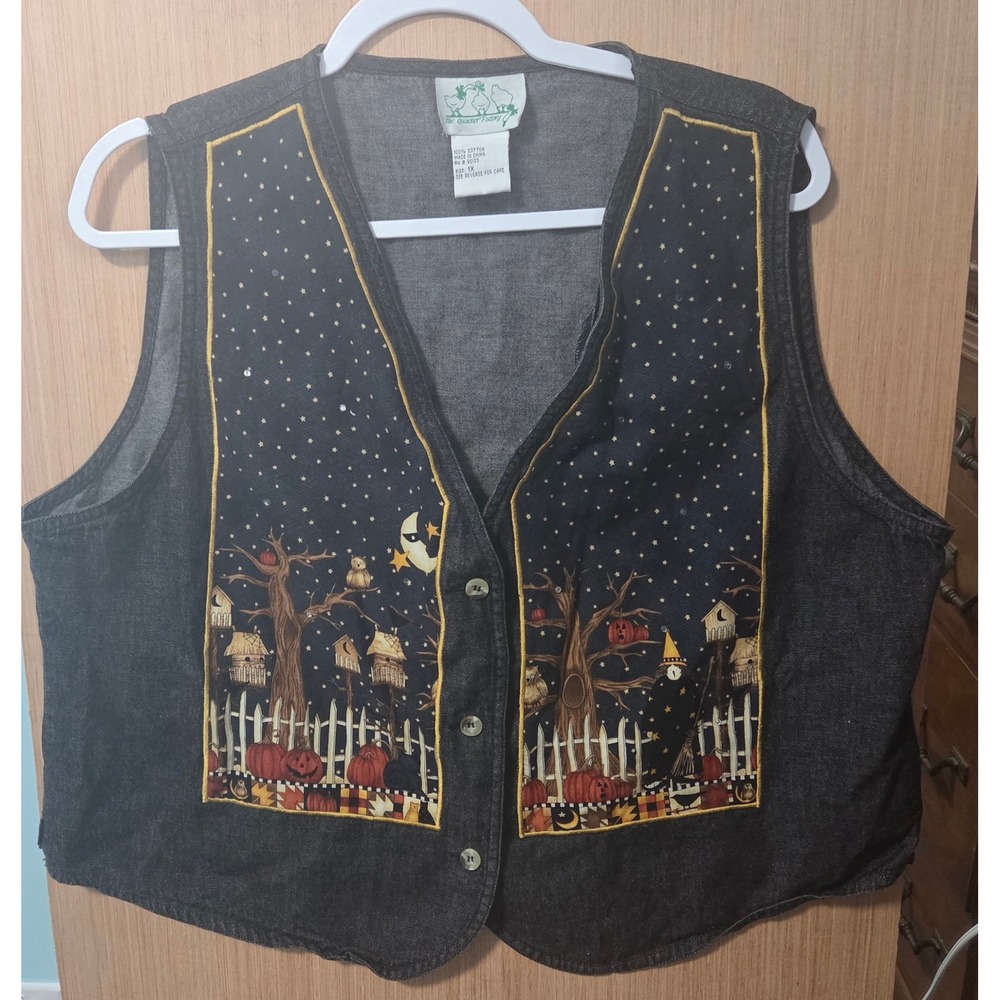 The Quacker Factory Halloween Denim Vest 1X Whimsical Pumpkin Tree Stars Moon
